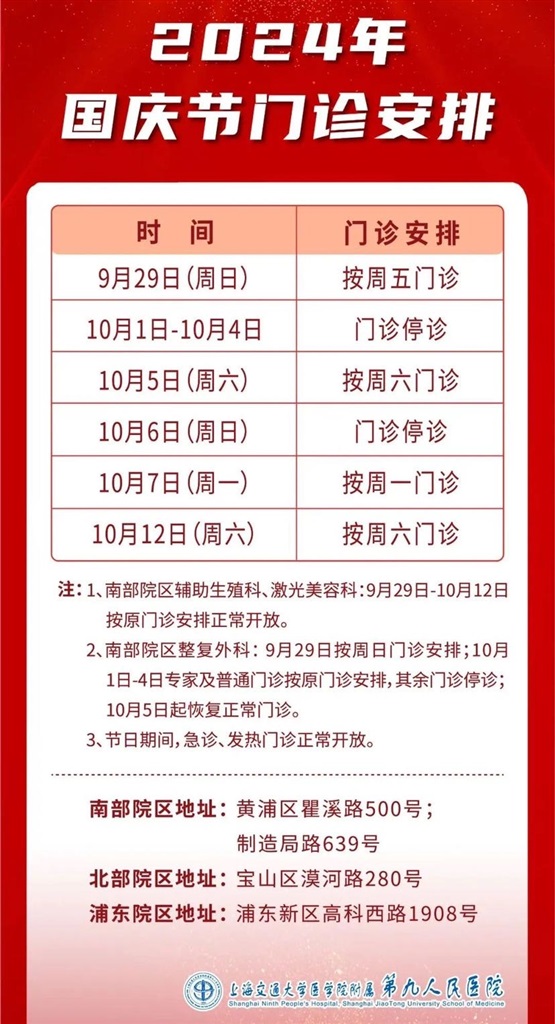 提示：国庆时代上海部门综合、专科、中间病院开诊时间有变革→