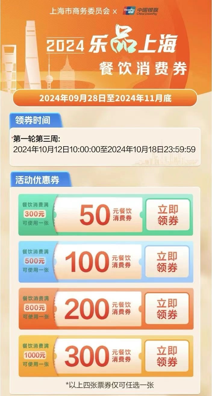 10月12日上午10点“乐品上海”餐饮消费券又开抢了！这批消费券有用期延伸到10天