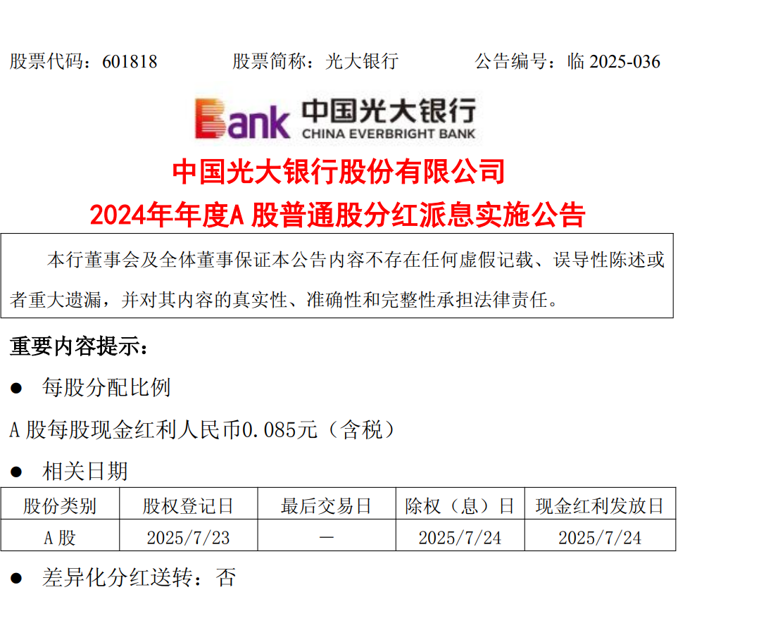 Everbright银行：2024 A-Share现金股息每个部分